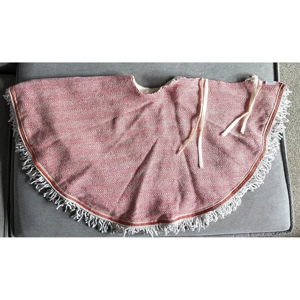 Red Cream Chevron Herringbone Christmas Tree Skirt 48in Rope Fringe Farmhouse